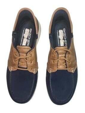 Skechers Mens Slip-Ins Shoes Navy & Tan Air-Cooled Memory Foam Hands-Free Sz 9.5